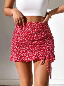 SHEIN PETITE Falda floral con cordón bajo con fruncido - Rojo y blanco - Ver 1