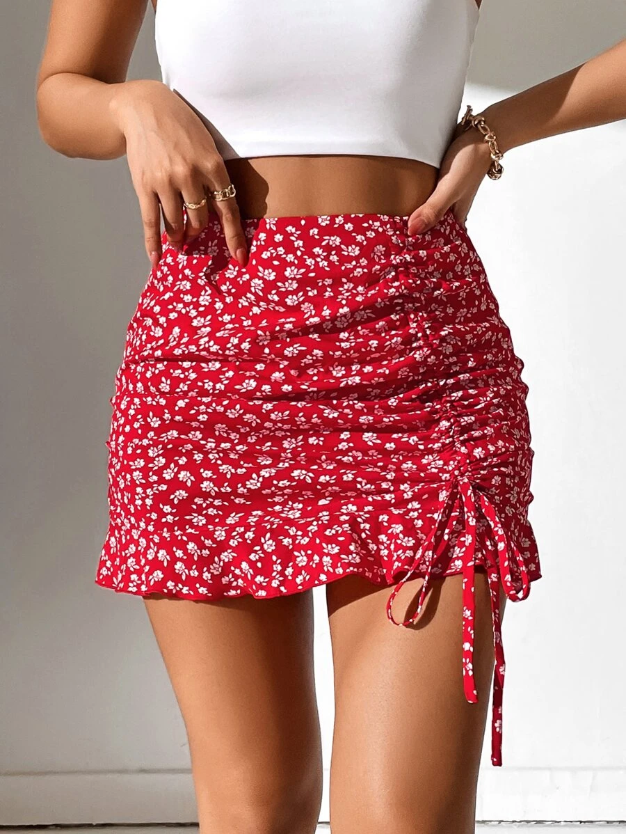 SHEIN PETITE Falda floral con cordón bajo con fruncido - Rojo y blanco - Ver 1