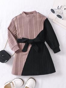 SHEIN Toddler Girls Two Tone Mock Neck Belted Dress - Multicolor - View 1
