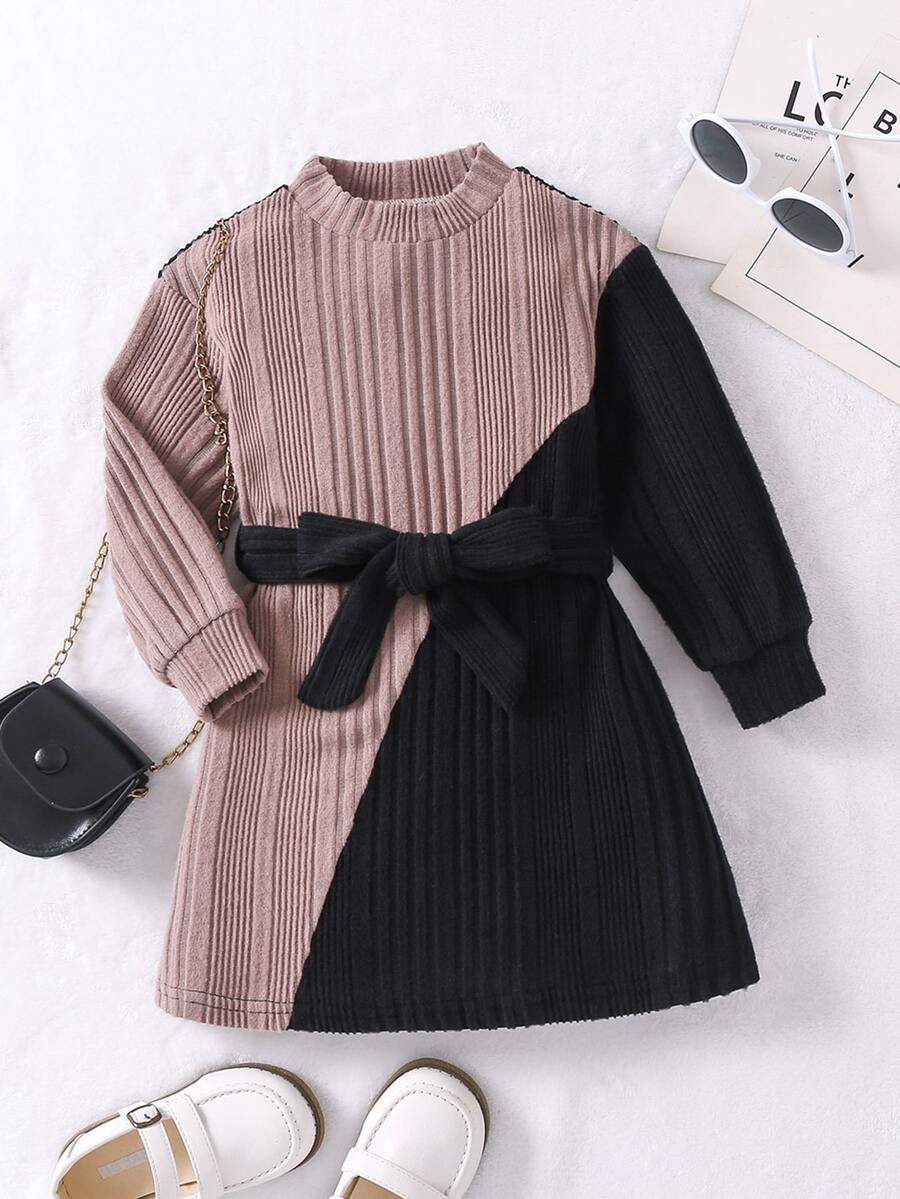 SHEIN Toddler Girls Two Tone Mock Neck Belted Dress - Multicolor - View 1