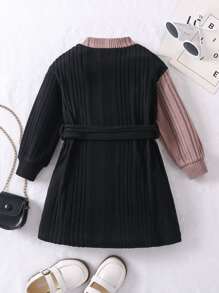 SHEIN Toddler Girls Two Tone Mock Neck Belted Dress - Multicolor - View 2