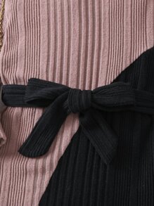 SHEIN Toddler Girls Two Tone Mock Neck Belted Dress - Multicolor - View 4