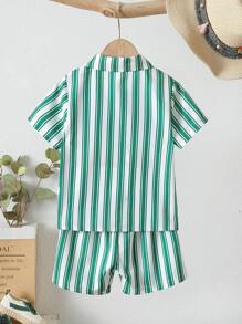 SHEIN Bộ thời trang bé trai Túi Nút phía trước Lá thư Sọc Giải trí - Nhiều màu - Xem 2