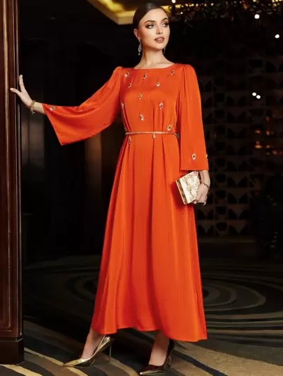 Layrah Rhinestone Beaded Belted Kaftan Dress, Modest