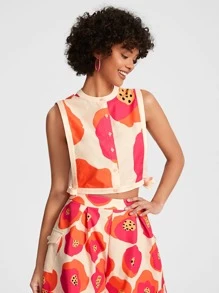 VALERIA GALIPOLI 设计师商务休闲夏季休闲花卉印花无袖短款上衣，侧系带，后背镂空设计和蝴蝶结，适合夏季、假日、度假、海滩、外出、节日、伊比沙岛装扮、办公室