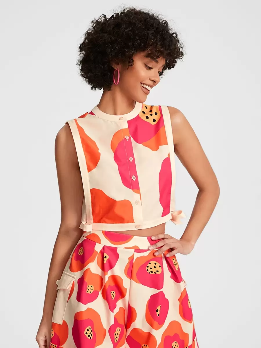 VALERIA GALIPOLI 设计师商务休闲夏季休闲花卉印花无袖短款上衣，侧系带，后背镂空设计和蝴蝶结，适合夏季、假日、度假、海滩、外出、节日、伊比沙岛装扮、办公室