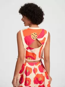 VALERIA GALIPOLI 设计师商务休闲夏季休闲花卉印花无袖短款上衣，侧系带，后背镂空设计和蝴蝶结，适合夏季、假日、度假、海滩、外出、节日、伊比沙岛装扮、办公室