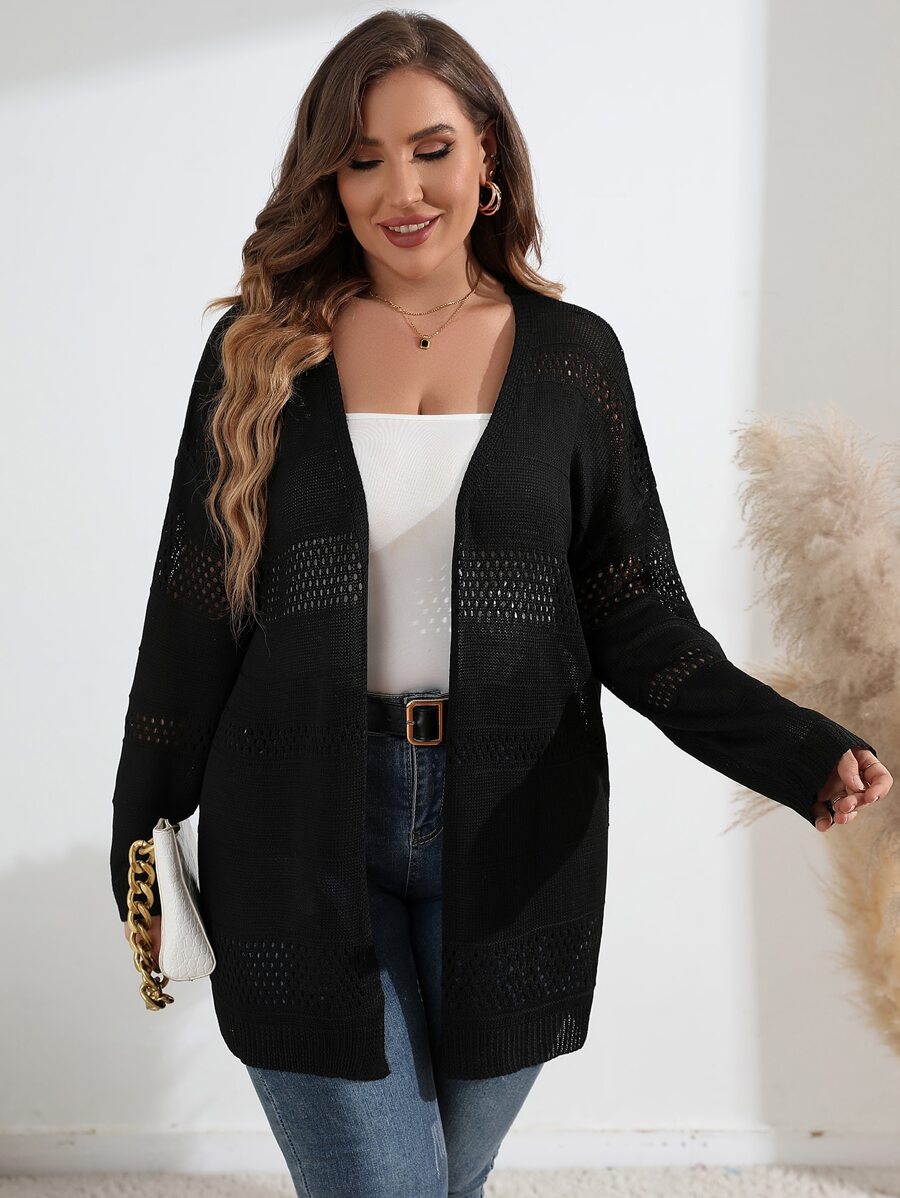 SHEIN LUNE Áo len cardigan Pointelle cỡ lớn - màu đen - Xem 1
