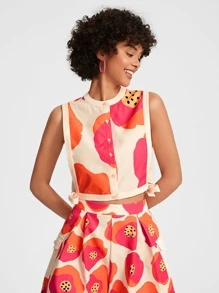 VALERIA GALIPOLI 设计师商务休闲夏季休闲花卉印花无袖短款上衣，侧系带，后背镂空设计和蝴蝶结，适合夏季、假日、度假、海滩、外出、节日、伊比沙岛装扮、办公室