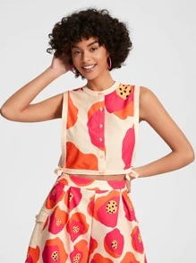 VALERIA GALIPOLI 设计师商务休闲夏季休闲花卉印花无袖短款上衣，侧系带，后背镂空设计和蝴蝶结，适合夏季、假日、度假、海滩、外出、节日、伊比沙岛装扮、办公室