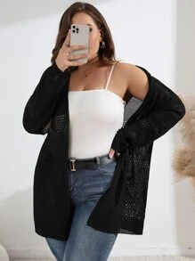 SHEIN LUNE Áo len cardigan Pointelle cỡ lớn - màu đen - Xem 5