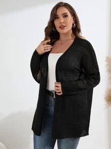SHEIN LUNE Áo len cardigan Pointelle cỡ lớn - màu đen - Xem 6