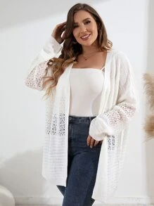 SHEIN LUNE Plus Pointelle Knit Drop Shoulder Cardigan - White - View 1