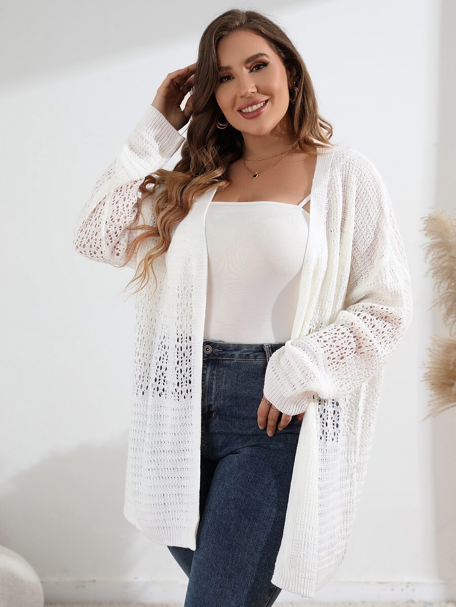 SHEIN LUNE Plus Pointelle Knit Drop Shoulder Cardigan - White - View 1