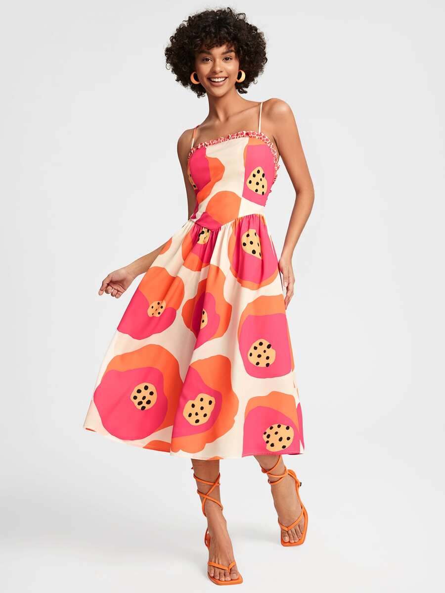 VALERIA GALIPOLI Graphic Print Frill Trim Cami Dress - Multicolor - View 1