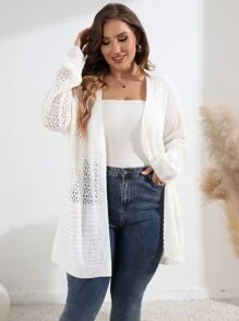 SHEIN LUNE Plus Pointelle Knit Drop Shoulder Cardigan - White - View 4