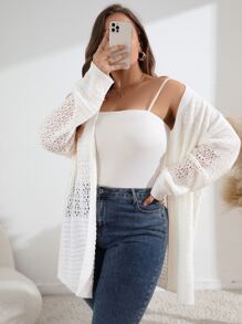 SHEIN LUNE Plus Pointelle Knit Drop Shoulder Cardigan - White - View 5