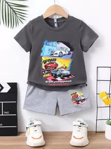 SHEIN 男小童2入組/套卡通車字母圖案短袖T恤帶常規翻領適合夏天