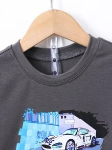 SHEIN 男小童2入組/套卡通車字母圖案短袖T恤帶常規翻領適合夏天