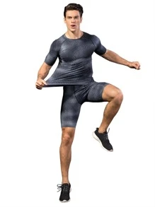 Conjunto deportivo para hombres con estampado de cocodrilo y mangas raglán, traje atlético, chándal, ropa activa para hombres, ropa de entrenamiento, ropa de gimnasio para hombres - Gris - Ver 5