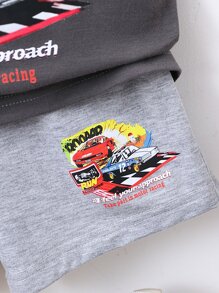 SHEIN 男小童2入組/套卡通車字母圖案短袖T恤帶常規翻領適合夏天