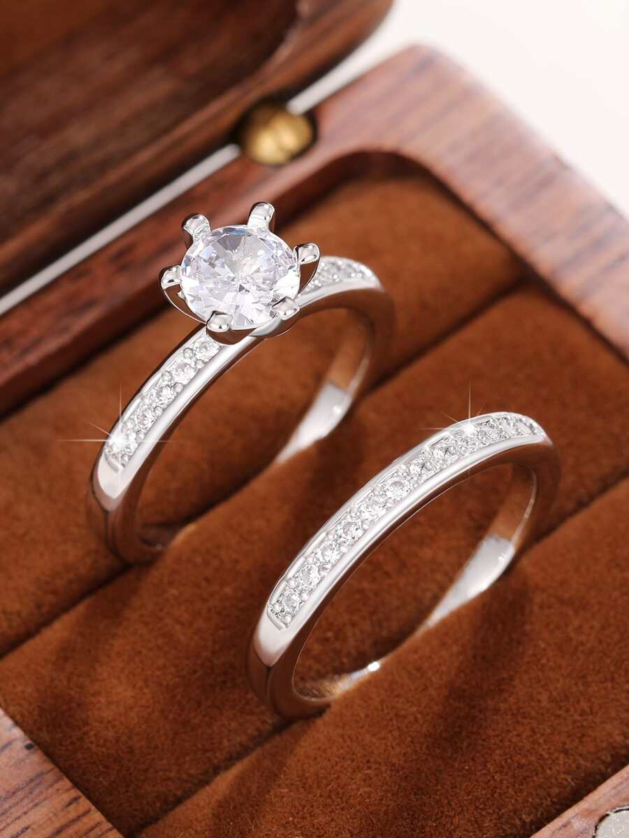 2入組/套優雅方晶鋯石戒指套裝適合女士適合婚禮首飾類情人節禮品