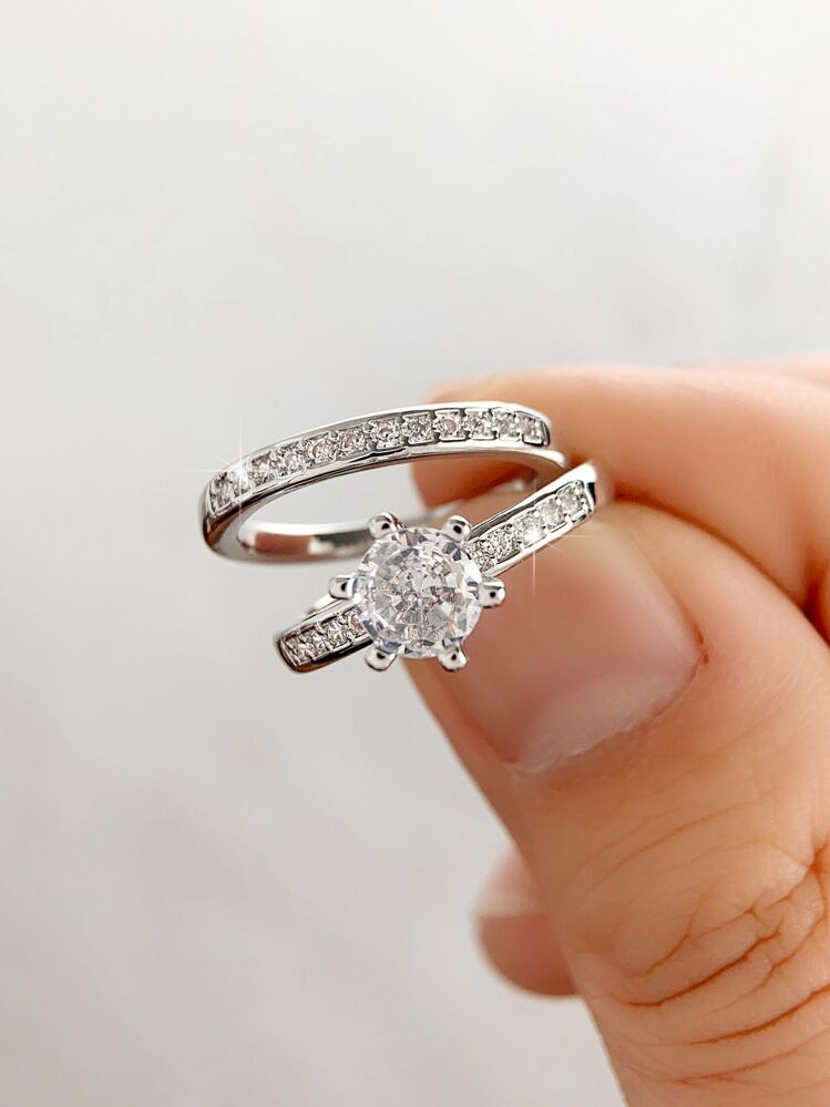 2pcs/set Elegant Cubic Zirconia Ring Set For Women For Wedding Jewelry Valentine's Gift - Silver - View 2