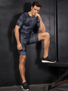 Conjunto deportivo para hombres con estampado de cocodrilo y mangas raglán, traje atlético, chándal, ropa activa para hombres, ropa de entrenamiento, ropa de gimnasio para hombres - Gris - Ver 3