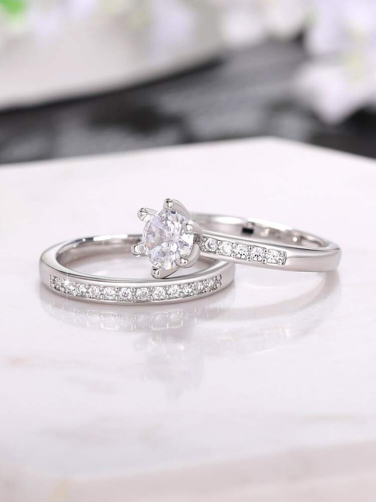 2pcs/set Elegant Cubic Zirconia Ring Set For Women For Wedding Jewelry Valentine's Gift - Silver - View 5
