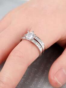 2入組/套優雅方晶鋯石戒指套裝適合女士適合婚禮首飾類情人節禮品 - 銀色 - 查看 8