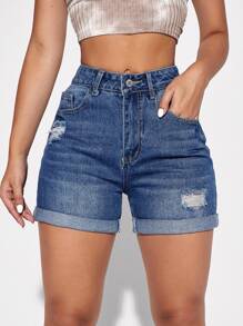 SHEIN Essnce Shorts en mezclilla desgarro bajo de doblez - Azul lavado medio - Ver 1