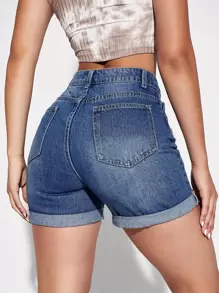 SHEIN Essnce Shorts en mezclilla desgarro bajo de doblez - Azul lavado medio - Ver 2