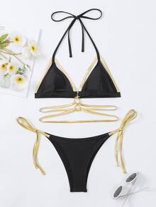 Ring Linked Triangle Tie Side Summer Beach Bikini Set - Black - View 3