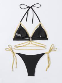 Ring Linked Triangle Tie Side Summer Beach Bikini Set - Black - View 2