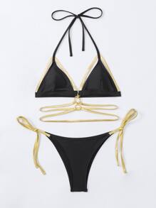 Ring Linked Triangle Tie Side Summer Beach Bikini Set - Black - View 5