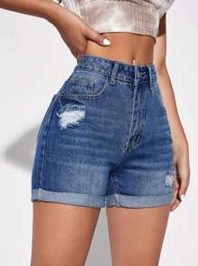 SHEIN Essnce Shorts en mezclilla desgarro bajo de doblez - Azul lavado medio - Ver 5