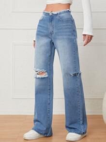 Jeans desgarro de pierna ancha ribete crudo - Azul lavado medio - Ver 1