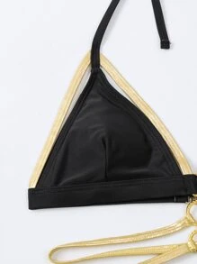 Ring Linked Triangle Tie Side Summer Beach Bikini Set - Black - View 6