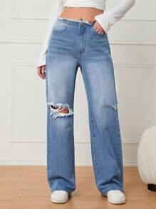 Jeans desgarro de pierna ancha ribete crudo - Azul lavado medio - Ver 4