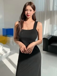 DAZY Solid Split Thigh Tank Dress - Black - View 3