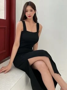 DAZY Solid Split Thigh Tank Dress - Black - View 8