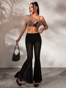 SHEIN ICON Low Rise Contrast Mesh Flare Leg Trousers - Black - View 5