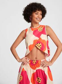 VALERIA GALIPOLI Floral Print Split Knot Side Crop Blouse - Multicolor - View 5