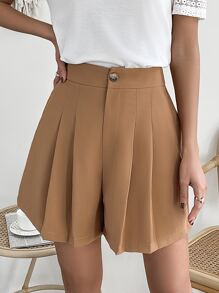 SHEIN Essnce 高腰褶皺短褲 - 棕色 - 查看 1