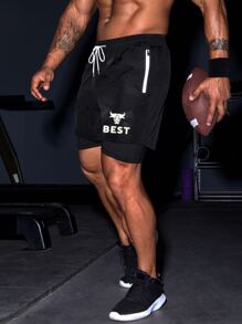 Manfinity Running Men Letter Graphic Drawstring Waist 2 In 1 Sports Shorts Gym Shorts Jogger Shorts - Black - View 5