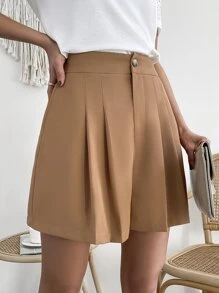 SHEIN Essnce 高腰褶皺短褲 - 棕色 - 查看 4