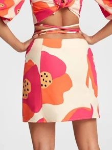VALERIA GALIPOLI Graphic Print Tie Front Zip Side Skirt - Multicolor - View 2