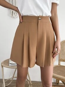 SHEIN Essnce 高腰褶皺短褲 - 棕色 - 查看 5