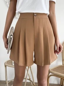 SHEIN Essnce 高腰褶皺短褲 - 棕色 - 查看 6