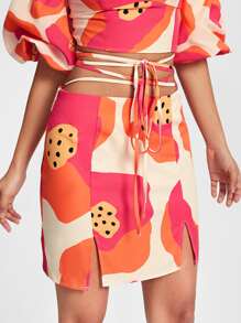 VALERIA GALIPOLI Graphic Print Tie Front Zip Side Skirt - Multicolor - View 4